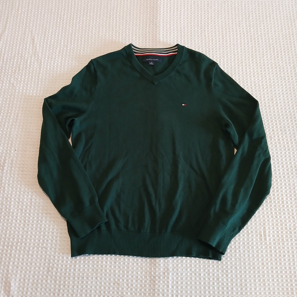 Tommy Hilfiger Mens V-Neck Sweater Forest Green Logo Knit Size M